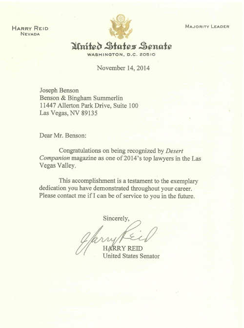 Letter from Harry Reid, United States Senator to Joe Benson