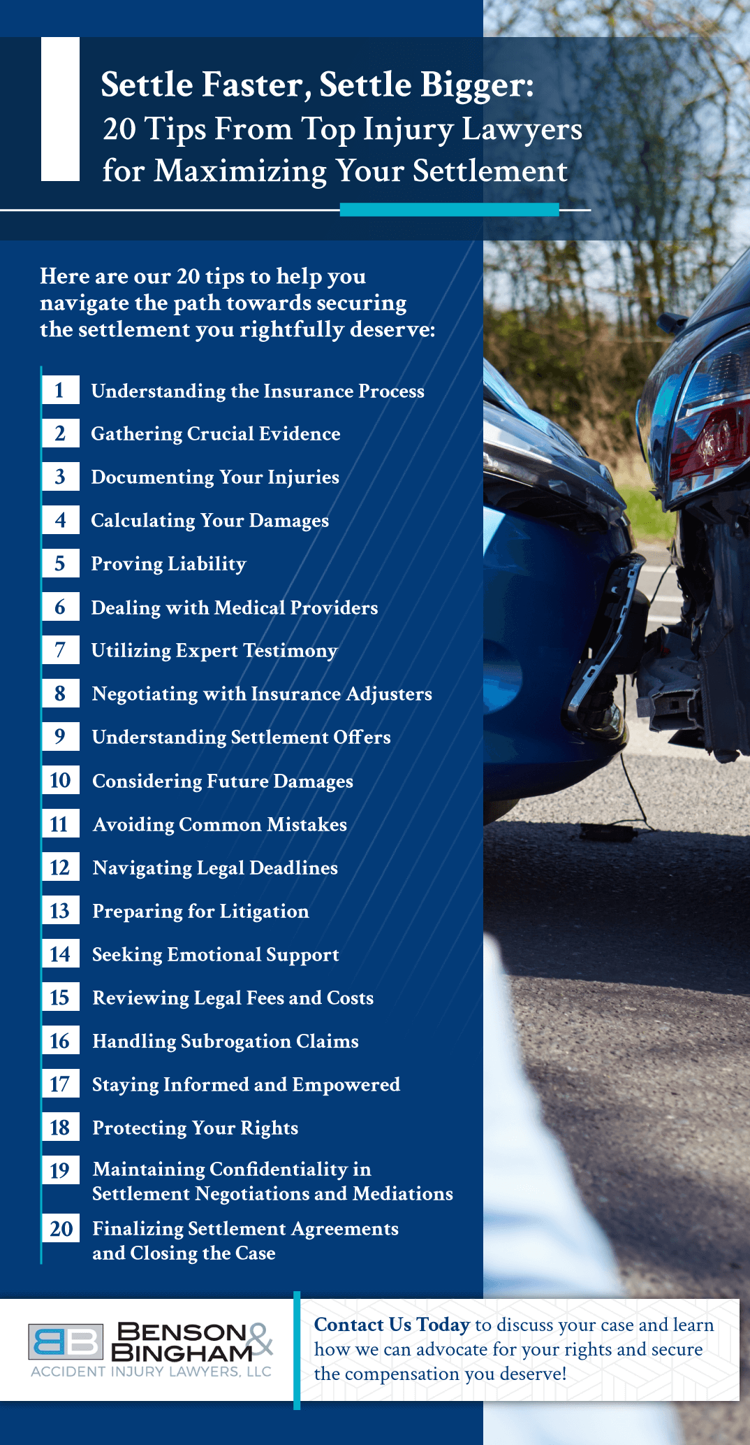 Infographic that explains Tips From Top Injury Lawyers For Maximizing Your Settlement