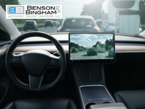 Interior view of a self-driving car, showcasing the screen in action, related to [Self-Driving Car Accidents and liability in autonomous vehicle incidents